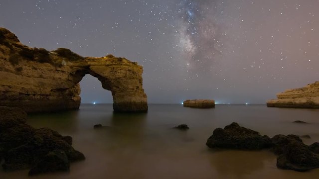 Milky Way crossing the sky of Albandeira Beach, Algarve, Portugal - Timelapse