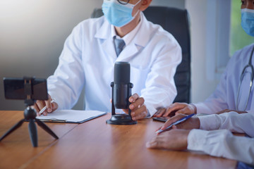 Medical online concept. Doctor meeting with video call and stethoscope in modern office.octor video...