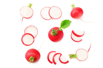 fresh radish with slices isolated on white background. top view