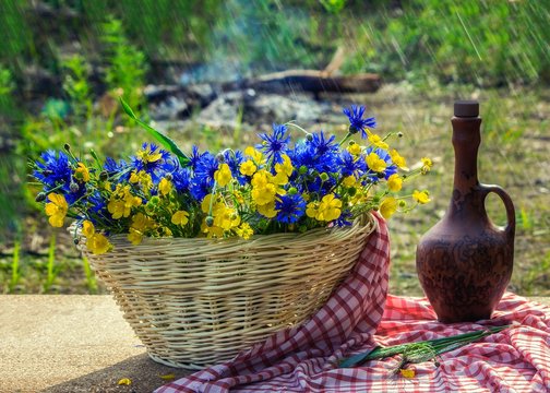 Still life outdoor with flowers in the basket