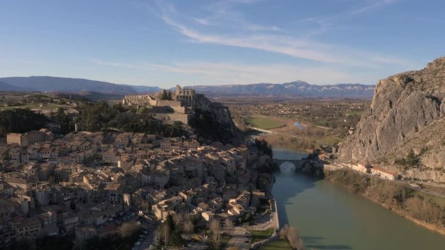Wide panoramic aerial view of Sisteron, France