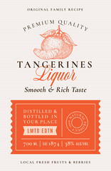 Family Recipe Tangerines Liquor Acohol Label. Abstract Vector Packaging Design Layout. Modern Typography Banner with Hand Drawn Citrus Silhouette Logo and Background.
