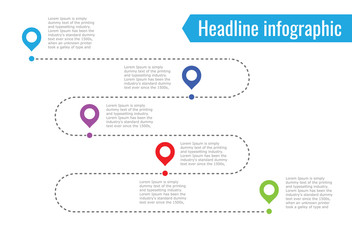 infographic path dotted line. 5 dots of different colors, blue, red, green. Vector illustration