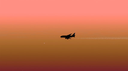 Airplane silhouett through heavenly beautiful sunny cloudscape.