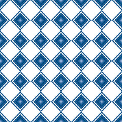 Blue pixel squares and rhombuses isolated on white background. Geometric seamless pattern. Vector graphic illustration. Texture.