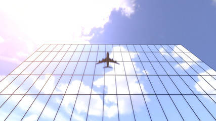 Obraz premium Large commercial airplane flies low and close to tall skyscrapers in business district of metropolitan city.
