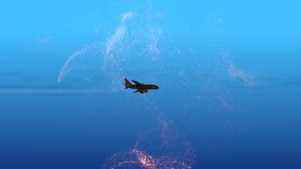 View on the silhouette of the airplane flying through turbulent zone over blue sky.