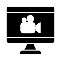 online learning concept, computer with video camera icon on screen, silhouette style