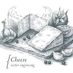 Cheese, garlic and tomatoes set. Hand drawn engraving style illustrations. Vector illustration.