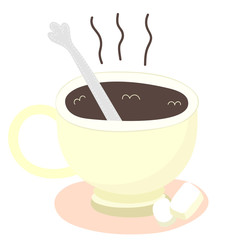 Cute cup of  hot drink with piceces of sugar and spoon. Tea, coffe, cocoa or hot chocolate in kawaii style