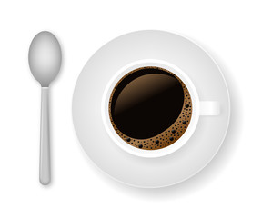 Hot coffee in a white cup and saucer. Vector stock illustration.