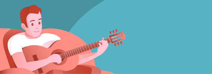 A young man in a soft home chair plays the guitar. Busy with your favorite music hobby. Vector illustration banner.