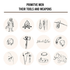 Primitive men with tools and weapons isolated hand drawn doodles Vector