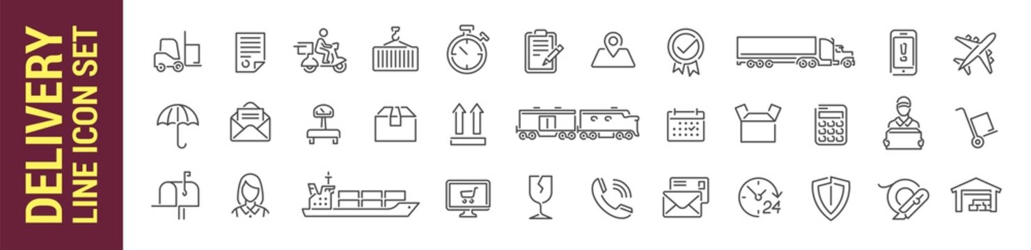 Delivery vector isolated line icon set. post service & vehicles signs