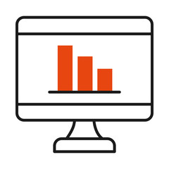 online learning concept, computer with graphic bar chart icon, half line half color style