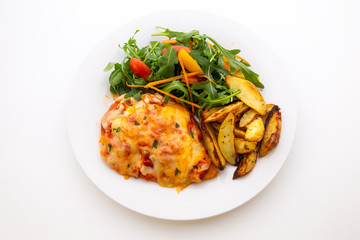 Chicken Parmesan Baked in Tomato Sauce with cheese, chips