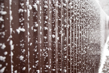 Iron brown fence covered with snow.