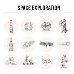 Space exploration isolated hand drawn doodles Vector 