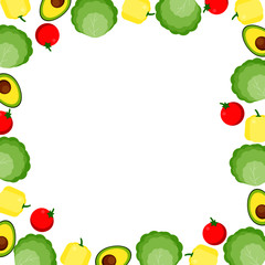 This is the background of vegetables. Vector frame with cabbage, pepper, avocado.