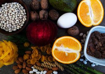 Foods high in vitamin B9. Healthy foods, sources of folic acid. Top view. Diet is necessary for pregnant and lactating mothers. 