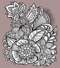contour illustration coloring book anti stressful colored background for adults and children flowers bouquet ornament print vector stroke line