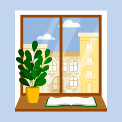A window with a view of the city street, a book and a houseplant on the windowsill. Cute flat-style illustration.