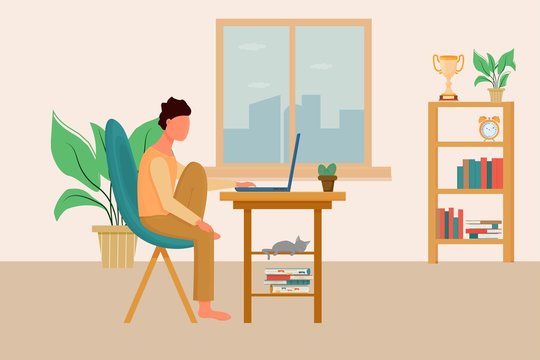 Man sitting in cheir in comfortable position using laptop. Interior living room. Stock vector illustration with books, plants and cat. Freelance, education concept.