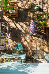 Top view, a man preparing his plantings in wooden planters on his terrace, under the spring sun, he has a white beard and a cap.