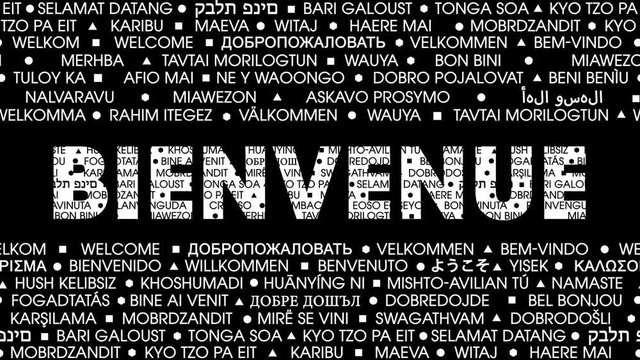 Bienvenue tag word texture overlay translated in 60 different languages playing seamlessly loop in 4K resolution with alpha channel  