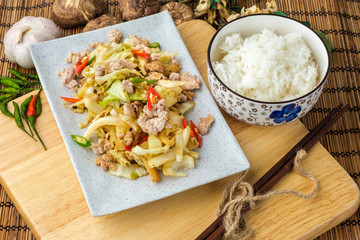 Fried Cabbage with chicken and rice.