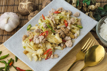 Fried Cabbage with chicken and rice.