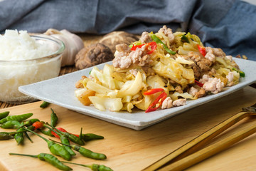 Fried Cabbage with chicken and rice.
