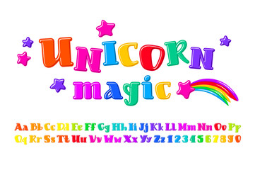 Magic bright font, alphabet in the cartoon style, multicolored trendy letters and numbers for you design, vector illustration 10eps