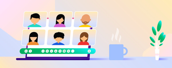 Meeting at Home Laptop Gradient Vector Illustration, Suitable for Web Banners, Infographics, Book, Social Media, And Other Graphic Assets