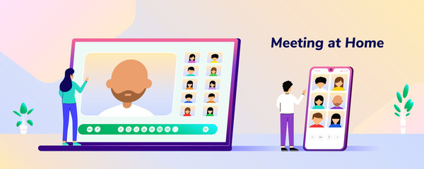 Meeting at Home Smartphone and Laptop Gradient Vector Illustration, Suitable for Web Banners, Infographics, Book, Social Media, And Other Graphic Assets