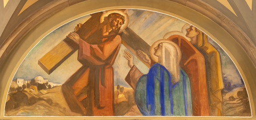 BARCELONA, SPAIN - MARCH 3, 2020: The fresco Jesus meet his mother Mary in the church Santuario...