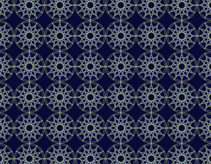 Blue and yellow Geometric 12 points star figure repetion pattern over dark blue background