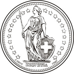Black and white sketch of Obverse of 1 Swiss franc coin, Helvetia shown standing, the official coin used in Switzerland and Liechtenstein
