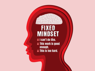 Human head with brain inside. negative fixed mindset. White text over Red Background. 3D abstract paper art style, Vector illustration.