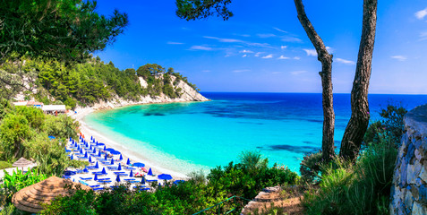 Best beaches of Greece with Blue flag awarded - Lemonakia with turquoise sea.  Samos island - obrazy, fototapety, plakaty
