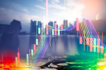 Stock market digital graph chart on LED display concept. A large display of daily stock market price and quotation. Indicator financial forex trade education background.  coins for finance concept