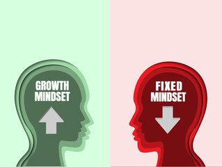 Human head with brain inside and Grey Arrow Marker. Growth mindset vs Fixed mindset. Difference between a positive growth and a negative fixed mindset.