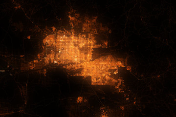 Phoenix aerial view. Night city with street lights, view from space. Urbanization concept, render