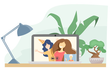 Mom and daughter talk with grandmother on a video call. Virtual communication with older relatives during an epidemic. Flat vector illustration.