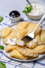 Homemade dumplings with sour cream sauce close up.