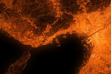 Kobe aerial view. Night city with street lights, view from space. Urbanization concept, render