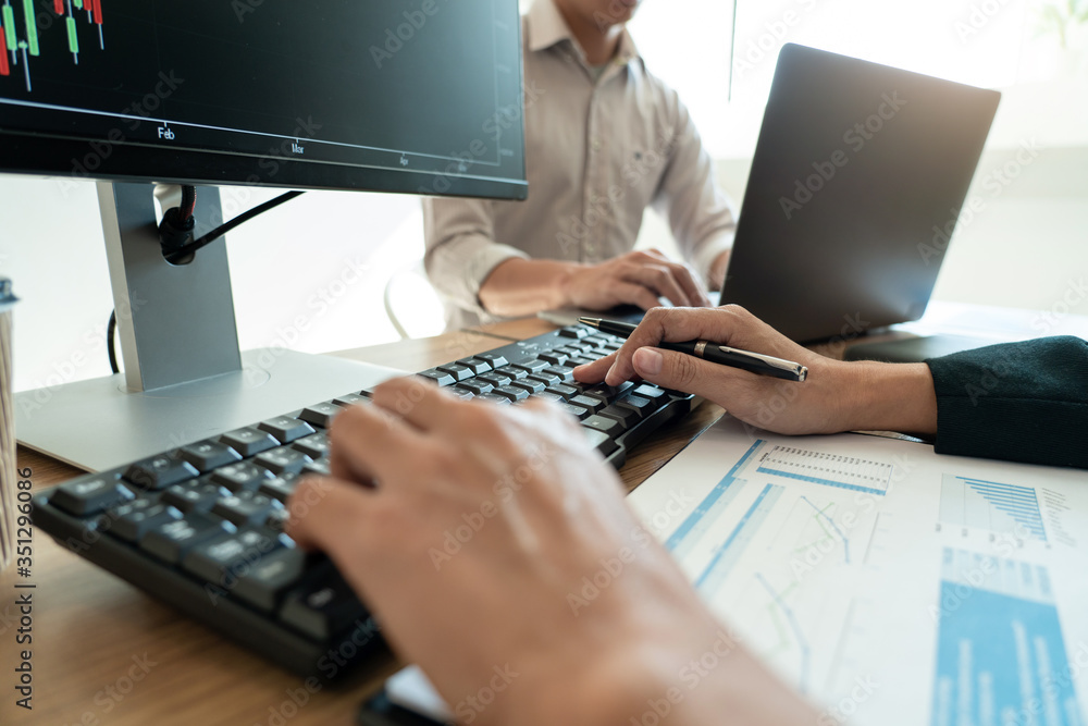Poster working business man, team of broker or traders talking about forex on multiple computer screens of 