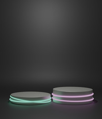 Abstract pedestal of platform display with black stand podium product on dark room & top light background. Blank Exhibition or empty product shelf. Minimal concept with empty space. 3d render