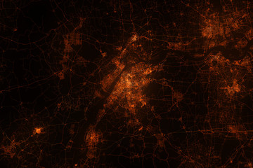 Nanjing aerial view. Night city with street lights, view from space. Urbanization concept, render