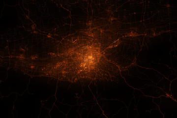 Xi'an aerial view. Night city with street lights, view from space. Urbanization concept, render